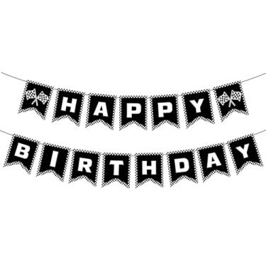 Imagem de MEMOVAN Faixa de Feliz Aniversário de Carro de Corrida Bandeira Xadrez Preto e Branco Bandeiras de Corrida Bandeiras de Galhardete de Carro de Corrida Pano de Fundo para Fãs de Carros de Corrida