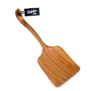 Imagem de Espátula de cozinha de madeira teca, 10 cm de largura, cabo longo, feito à mão