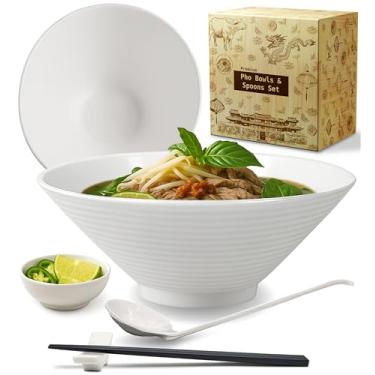 Imagem de APEX S.K. Conjunto de tigelas de sopa grandes 57z para Pho com colher Pho pauzinhos de molho suporte de pauzinhos de plástico branco conjunto de tigela de macarrão autêntico conjunto de tigelas e