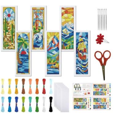Imagem de FREEBLOSS Conjunto de 6 conjuntos de marcadores de página de ponto cruz para adultos iniciantes kits de ponto cruz estampado vintage de vidro bordado kit de artesanato com instruções para presente