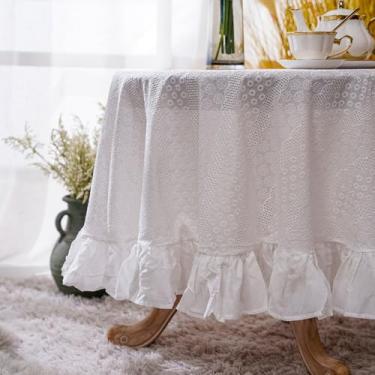 Imagem de Artbloss Toalha de mesa de algodão branco com babados em tecido bordado de renda rústica francesa lavável para ambientes internos e externos, festas de Natal (branca, 152 cm redonda)