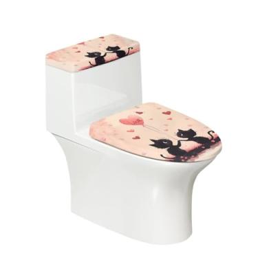 Imagem de Psesaysky Love Black Cat Tampa de vaso sanitário e tampas de tanque para o Dia dos Namorados Conjunto de tampa de vaso sanitário resistente a manchas para tampa de vaso sanitário e tampa de vaso