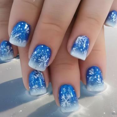 Imagem de 24 peças de unhas quadradas curtas de Natal, unhas postiças de ponta francesa, unhas postiças de glitter azul com design de flocos de neve, cola artificial acrílica elegante na unha, unhas