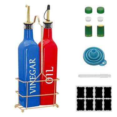 Imagem de eispap Conjunto de garrafas de óleo e vinagre de vidro colorido de 500 ml com rack de metal dourado – Pacote com 2 frascos dispensadores de azeite de oliva com funil e bicos dourados (óleo vermelho e
