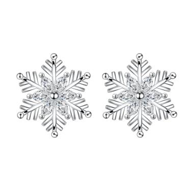 Imagem de Brincos de Natal S925 de prata esterlina romântica diamante floco de neve pequenos brincos de Natal para mulheres brilhantes CZ delicados brincos de cartilagem de flor de inverno moda brinco de festa