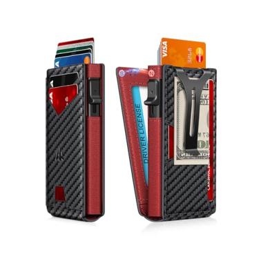 Imagem de Carteira masculina, fina minimalista com clipe para dinheiro e janela para identidade, porta-cartão de crédito pop-up com bloqueio de RFID, carteira masculina inteligente de alumínio para 9 a 13