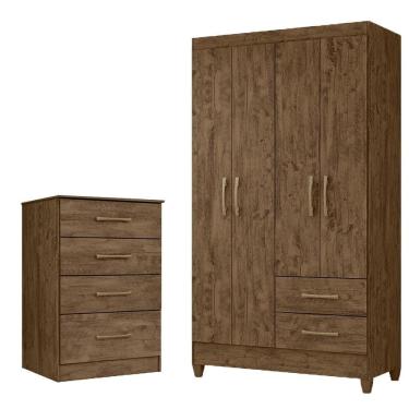 Imagem de Kit Guarda Roupa Solteiro Chile E Cômoda Ms - Castanho Wood Castanho Wood