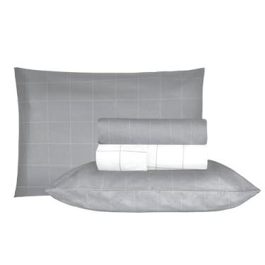 Imagem de Jogo de Cama Duplo Casal 4 Peças Percal 180 Fios Grid Cinza Sonhare Prata