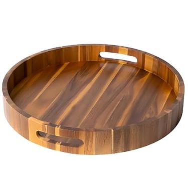 Imagem de Bandeja de servir de madeira de 30,5 cm com alças, bandeja decorativa redonda para uso em casa, café e restaurante