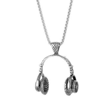Imagem de Colar masculino com pingente de metal para fone de ouvido de aço inoxidável, joia de corrente para amantes de música, prata
