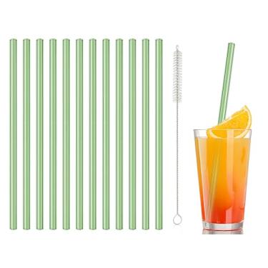 Imagem de 12 canudos de vidro reutilizáveis de 20 x 8 mm com escova de limpeza para chá, smoothies, milkshakes, sucos, bebidas (verde)