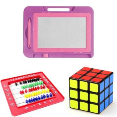 Imagem de Kit Educativo Infantil 3 em 1 Brinquedos Educativos Didáticos com Cubo Mágico Ábaco Colorido Quadro Magnético de Desenho Durável, Interativo e Criativo. Cores Sortidas