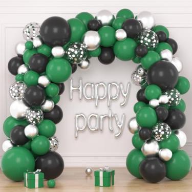 Imagem de Kit de arco de guirlanda de balão verde escuro preto prateado - Balões verdes esmeralda prata metálica e balão de confete para casamento, futebol, aniversário, formatura, ano novo, decorações de festa