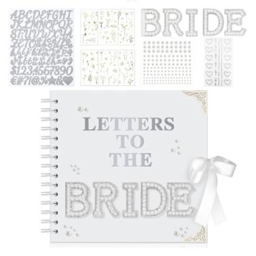Imagem de HOETEK Livro de recortes de 20 x 20 cm Letras para a noiva, livro de memórias de casamento, scrapbook em branco faça você mesmo, álbum de fotos com adesivos de pérolas e flores, letras metálicas