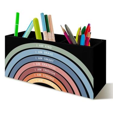 Imagem de YTRGI Porta-lápis Boho Rainbow Positive Affirmations para sala de aula, mesa de escritório, I Am Kind Brave, inteligente, inspiradora, escova de dentes, organizador para penteadeira de banheiro (preto