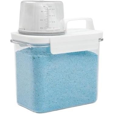 Imagem de Porta Sabão em Pó Transparente com Copo Dosador Pote Hermético Alimentos Grãos com tampa e alça, Capacidade 1,1L