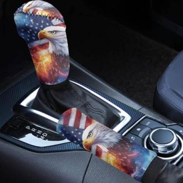 Imagem de Horeset Manípulo de mudança de marchas e tampa de freio de mão, bandeira americana águia careca, capa protetora de alavanca de engrenagem automotiva universal acessórios de manga de proteção de alça