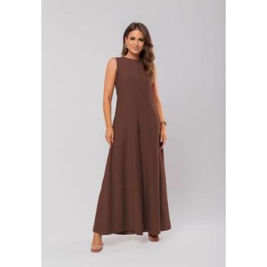 Imagem de Macacão Regata Feminino Alfaiataria Pantalona Marrom Salvatore Fashion