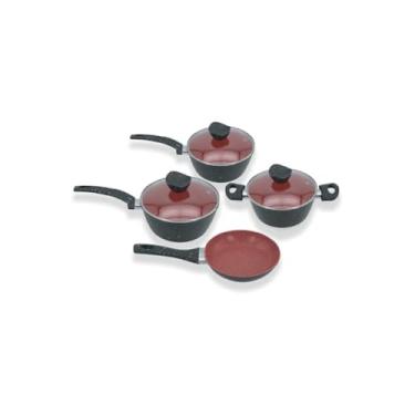 Imagem de Conjunto de Panelas Antiaderente com Tampa de Vidro, 4 Peças, Fundo Triplo de Indução, Alumínio com Revestimento Stone, Preto, 16-20cm, para Fogão a Gás, Elétrico, Indução e Vitrocerâmico