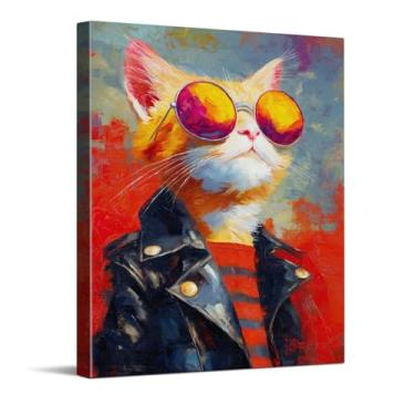 Imagem de CYFDYVT Retrato de gato moderno vibrante com óculos de sol coloridos e jaqueta de couro impressão de arte de parede para decoração de casa moderna ilustração em tela 20 x 25 cm