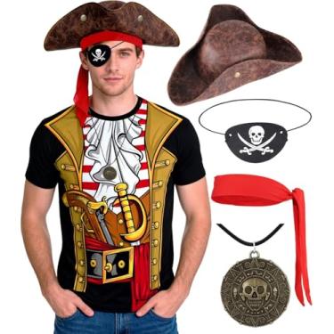 Imagem de VillbeCoser 5 peças fantasia de pirata camisa masculina capitão chapéu piratas colar cabeça cachecol adesivos para olhos (preto 2GG)