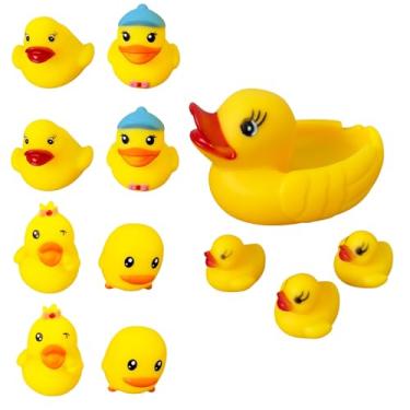 Imagem de Brinquedo Para Banho Bebê Vinil Macio Patinhos Animais Fundo Do Mar Aquáticos Para Banheira Piscina (12pçs: 1 Pato Grande + 3 mini patinhos + 8 patinhos c/ repetição)