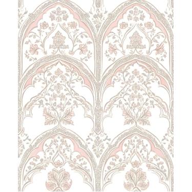 Imagem de VOLEAAR Papel de parede floral brilhante, tema europeu boêmio, design neutro, autoadesivo, removível para gaveta de armário de quarto, papel de contato eclético de vinil 43 cm x 38 cm branco rosa