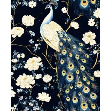 Imagem de Papel de parede autoadesivo com estampa floral e animal preto chinoiserie para banheiro quarto armário vinil à prova d'água removível fazenda dormitório amigável 44,5 cm x 299,7 cm