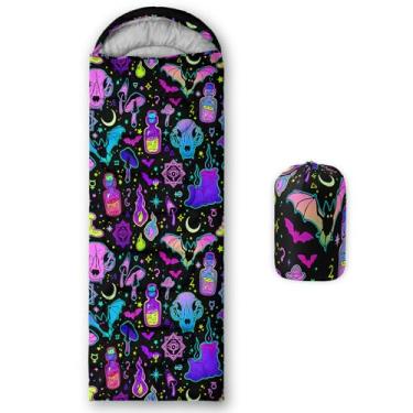 Imagem de Axolotl Saco de dormir infantil de Halloween, gótico, néon, cogumelo, morcego, chama, poção, bolsa de acampamento, impermeável, tapete de dormir de Halloween para viajar ao ar livre, caminhadas