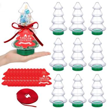 Imagem de Amyhill 12 potes de doces de árvore de Natal com tampa, caixas de doces de plástico com cartão de fita, recipientes de enchimento transparentes para festa de Natal, presente de Natal, decoração de
