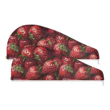 Imagem de SEHANY Toalha de cabelo de microfibra de morangos rosa aquarela para mulheres, 2 peças, turbantes de cabelo de secagem rápida com botão, touca de cabelo seco absorvente toalha de secagem de cabelo