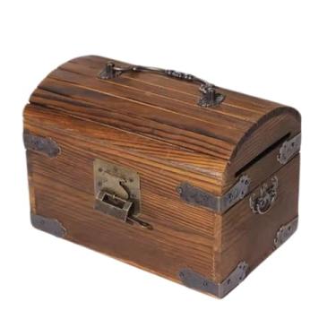 Imagem de Cofre de tesouro de madeira maciça, compartimento para moedas unidirecional com mecanismo de bloqueio, presente retrô criativo para economia segura