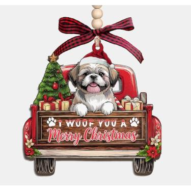 Imagem de Enfeite de madeira I Woof You A Merry Christmas - Caminhão de Natal com cachorro Shih Tzu 3 camadas, enfeite de lembrança de madeira, presentes para mulheres, homens, amantes de animais de estimação e