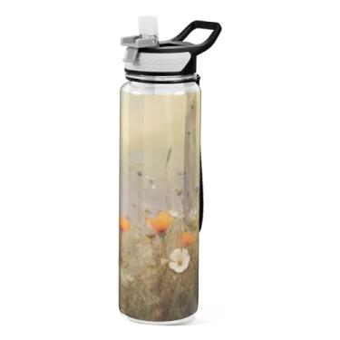 Imagem de ATTX Garrafa de água de flores silvestres coloridas, 946 ml, à prova de vazamento e livre de BPA, garrafas de água reutilizáveis de plástico Tritan para viagens, academia, corrida #415