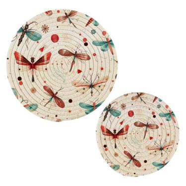 Imagem de Blueangle 2 peças de suporte de panela com padrão de libélula - conjunto de pegadores de panela de tecido redondo - almofadas quentes trançadas de algodão - porta-copos - tapetes de mesa para cozinhar