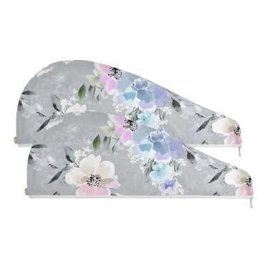 Imagem de SEHANY Toalha de cabelo de microfibra de flores coloridas elegantes para mulheres, 2 peças, turbantes de cabelo de secagem rápida com botão, touca de cabelo seco absorvente toalha de secagem de cabelo