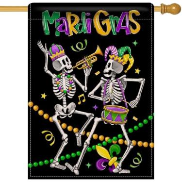 Imagem de Artofy Mardi Gras Esqueleto Gótico Grande Bandeira Decorativa Casa, Contas de Crânio Flor De Lis Nova Orleans Carnaval Quintal Jardim Decoração Externa, Baile de Máscaras Exterior Decoração de Casa