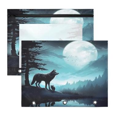 Imagem de Blueangle Bolsa para lápis de lobo da lua noturna para fichário de 3 anéis, 2 pacotes com bolsa de lápis com janela transparente para documentos com zíper para escritório (727)