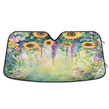 Imagem de ATTX Pintura de girassóis em aquarela para-sol para para-brisas de carro 139.7 cm x 70.1 cm Protetor solar universal com proteção UV, persiana de janela frontal automática dobrável para caminhões