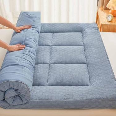 Imagem de Yadlan Colchão de chão japonês dobrável e portátil, colchão futon, 10 cm, top de colchão quente, protetor de colchão acolchoado com alças, colchão futon azul 150 x 200 cm