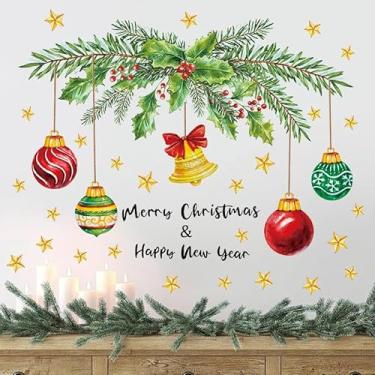 Imagem de Kasubeso Large Merry Christmas Wall Decals, Peel and Stick Coloful Xmas Bell Light Ball Wall Stickers, Happy New Year Window Clings for Holiday Party Bedroom Living Room Offices Home Decoration