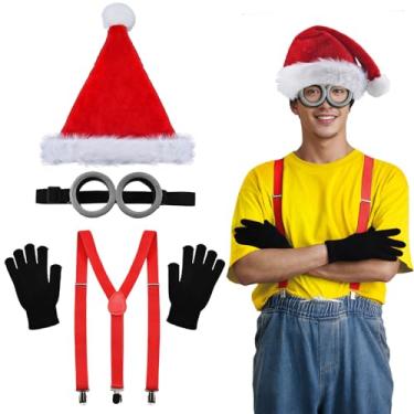 Imagem de 4 peças acessórios de fantasia de Natal para adultos óculos steampunk óculos vermelhos suspensórios traseiros em Y chapéus de Natal luvas pretas perfeitas para festa de aniversário e festa de cosplay