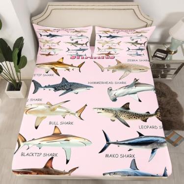 Imagem de Erosebridal Jogo de lençol solteiro, solteiro, tubarão, vida marinha selvagem, moderno, simples, rosa, para decoração de quarto de verão, tema de pesca e caça, 1 fronha