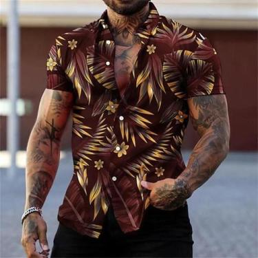 Imagem de Camisa Masculina Estilo Havaiano Com Estampa De Flores Pretas E Dourad