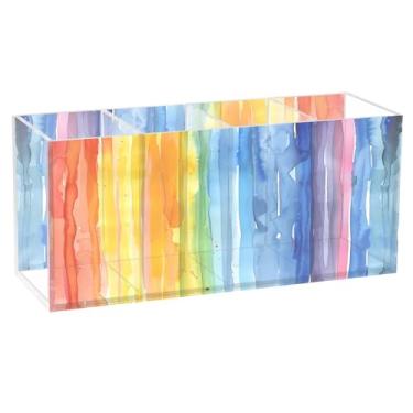 Imagem de CEBUGI Porta-lápis de acrílico com 4 compartimentos, organizador de lápis transparente, aquarela, listras arco-íris, suporte de pincel de maquiagem para escritório em casa