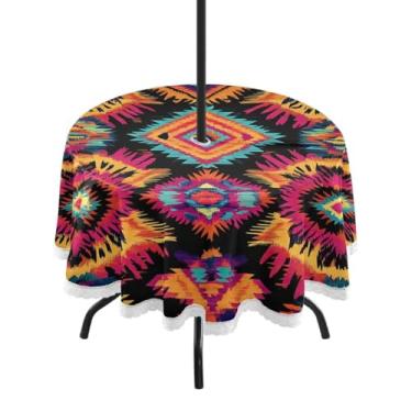 Imagem de CEBUGI Toalha de mesa redonda para uso ao ar livre, com fundo boêmio, impermeável, com furo Umberlla, capa de mesa lavável para pátio, cozinha, sala de jantar, 152 cm