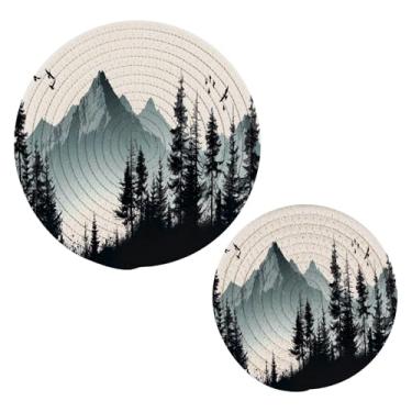 Imagem de Wassud Conjunto de tripé de montanha com pinheiros para pratos quentes, suportes redondos de algodão, almofadas quentes, porta-copos elegantes, decoração de cozinha e acessórios, 2 peças