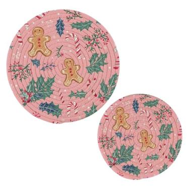 Imagem de Wassud Lindo conjunto de tripé masculino de gengibre de Natal para pratos quentes, suportes de panela redondos de algodão, porta-copos elegantes, decoração de cozinha e acessórios, 2 peças