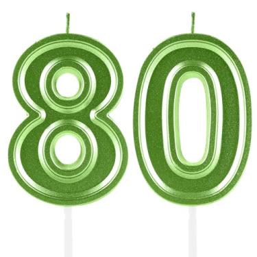 Imagem de Velas de aniversário de 80 anos, numerais verdes 80 topper de bolo, decoração para meninas e meninos, tema de aniversário, festa de casamento, artigos de celebração