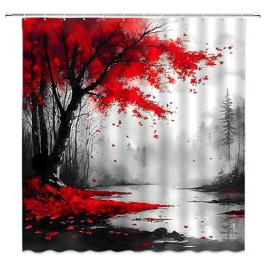 Imagem de Cortina de chuveiro floresta vermelha árvore de bordo japonês silhueta preta floresta cena rio aquarela paisagem asiática decoração de banheiro cortinas de poliéster com ganchos, 70Lx70L